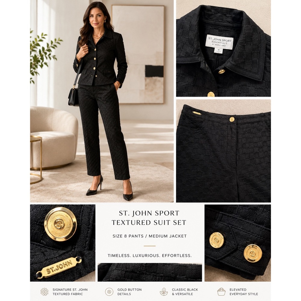 St John Sport Textured Suit Set Black Gold Button Jacket M Pants 8 Marie Gray